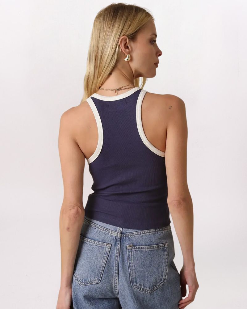 HI NECK CONTRAST TANK, NAVY/ECRU