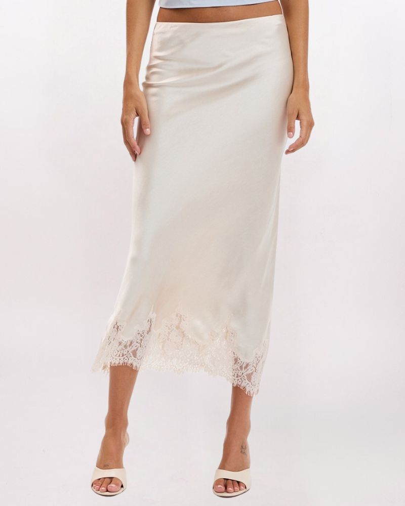 LACE HEM SATIN MAXI SKIRT, CHAMPAGNE