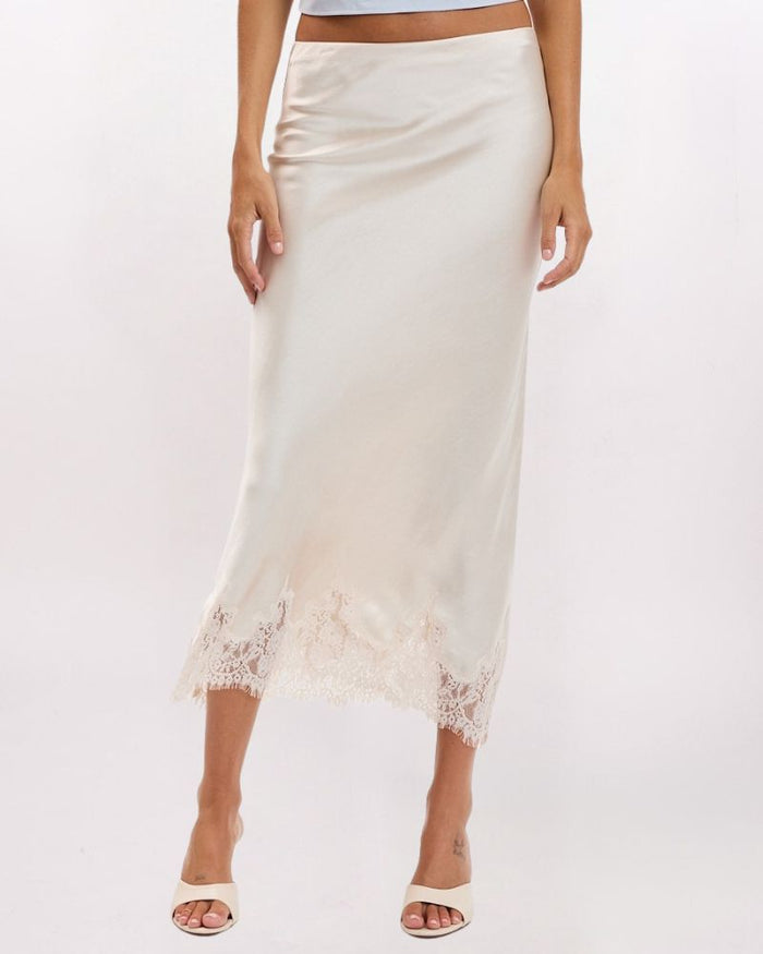 LACE HEM SATIN MAXI SKIRT, CHAMPAGNE