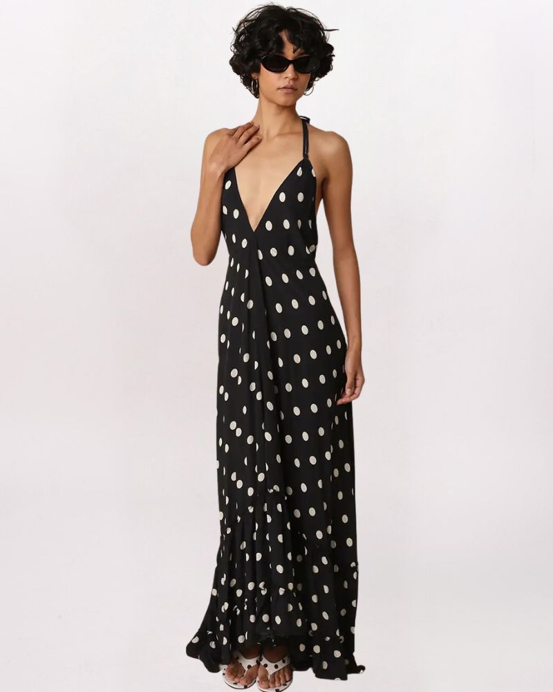 PLUNGE POLKA DOT HALTER MAXI DRESS, BLK/CRM