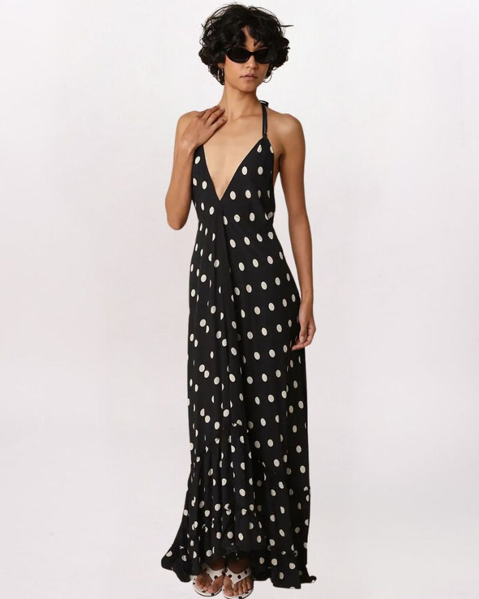 PLUNGE POLKA DOT HALTER MAXI DRESS, BLK/CRM