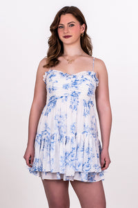 TOILE FLORAL RUFFLE TRIM MINI DRESS