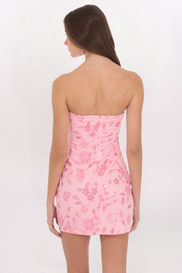STRAPLESS SEQUIN FLORAL DRESS