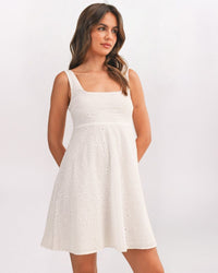 SQUARE NECK EMPIRE EYELET DRESS, WHITE