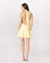 HIGH NECK STRIPED HALTER DRESS, BUTTER
