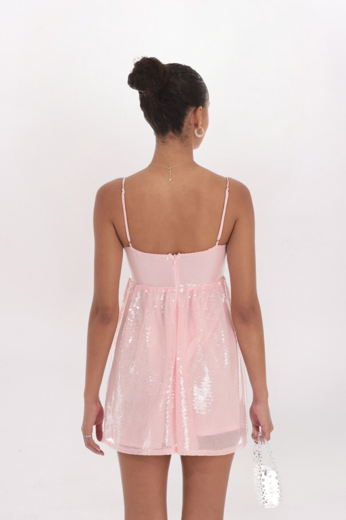 SEQUIN BOW FRONT DRESS