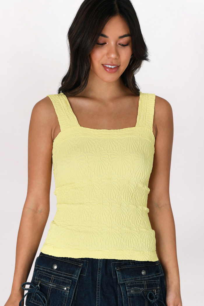 LACE TEXTURED SQUARE NECK TANK - PALE LEMON
