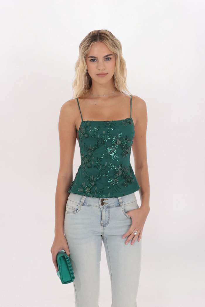 SEQUIN EMBROIDERED OPEN BACK TOP