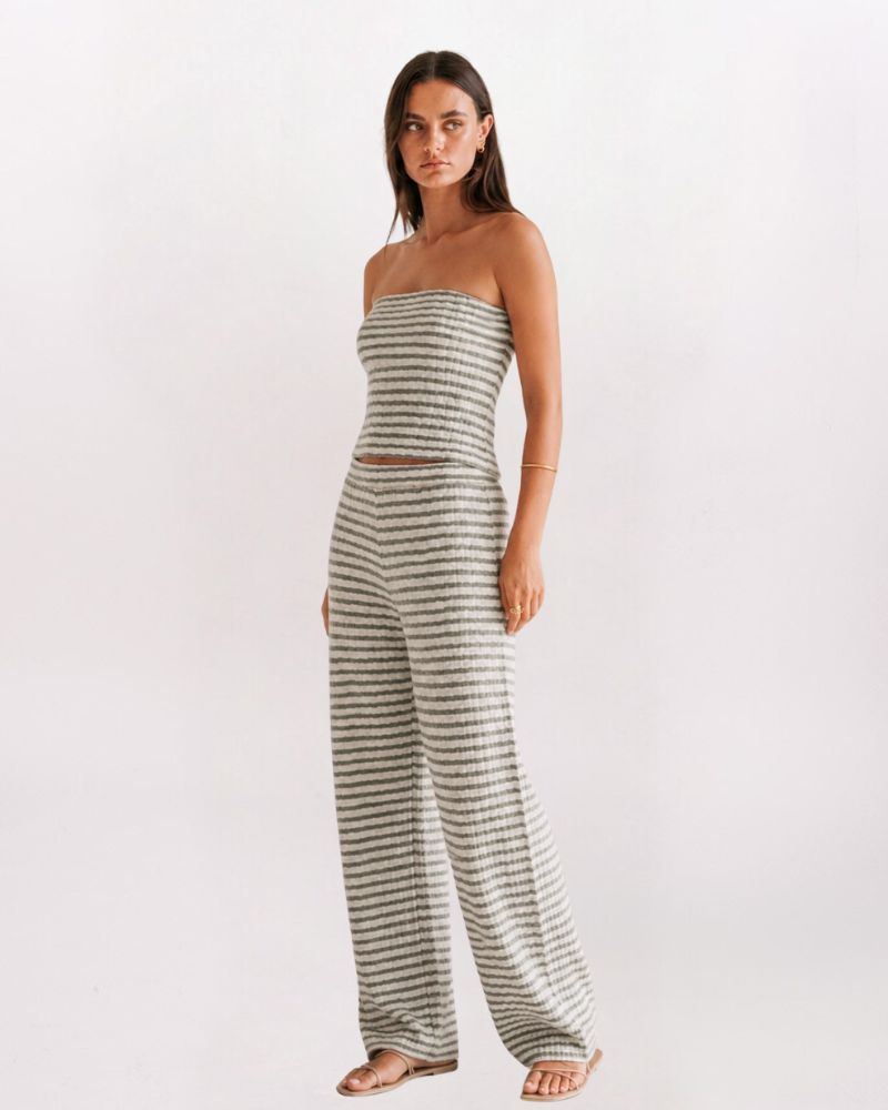 TEXTURED STRIPE TUBE TOP/WIDE LEG PANT SET, GREY/WHT