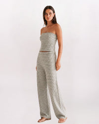 TEXTURED STRIPE TUBE TOP/WIDE LEG PANT SET, GREY/WHT