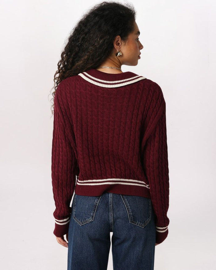 STRIPED CUFF DETAIL COLLARED SWEATER, BURGUNDY/NATURAL