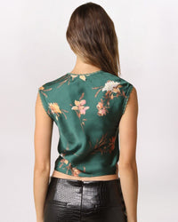SOFT FLORAL PLUNGE NECK TOP, DK GRN PCH