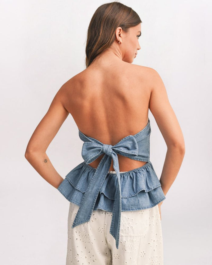 STRAPLESS TIE BACK PEPLUM TOP