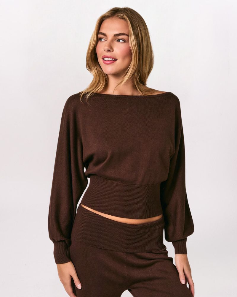 SLOUCHY OFF SHOULDER TOP, BROWN
