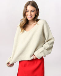 V-NECK EASY SWEATER, OATMEAL