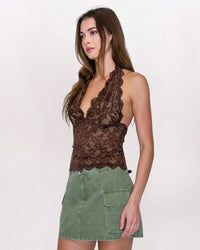 LACE SCALLOP HALTER TOP, CHOCOLATE