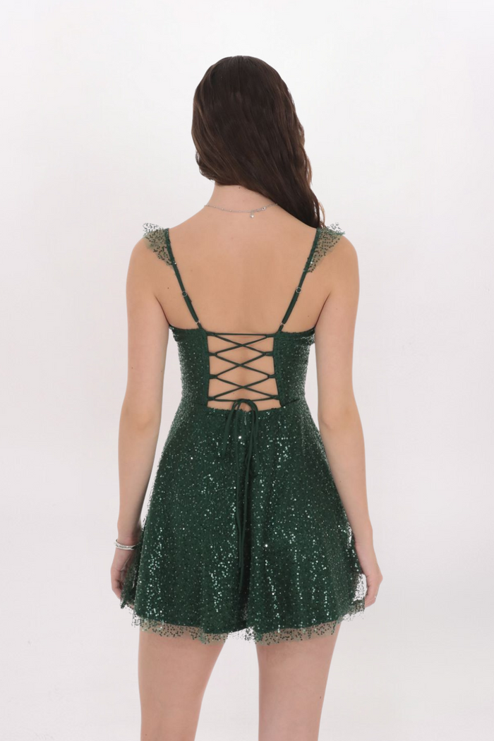 RUFFLE SEQUIN FLARE DRESS