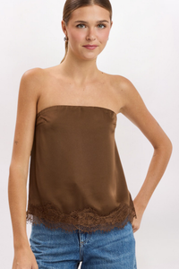 LACE HEM SATIN TOP, BROWN