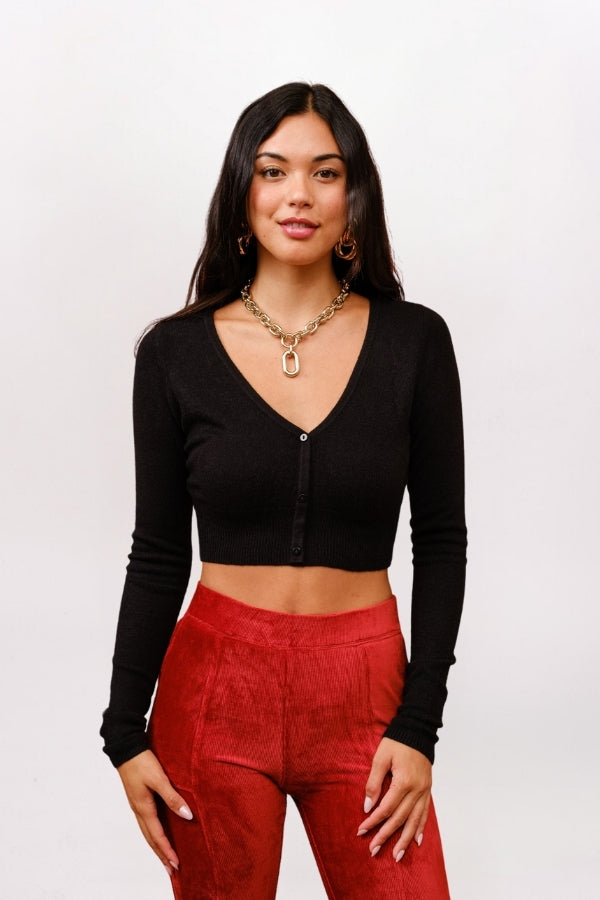 CROPPED CASHMERE BLEND CARDIGAN, BLACK