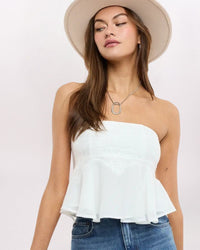 STRAPLESS LACE DETAIL FLUTTER TOP, WHITE