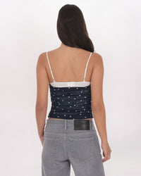 RUCHED POLKA DOT MESH TOP