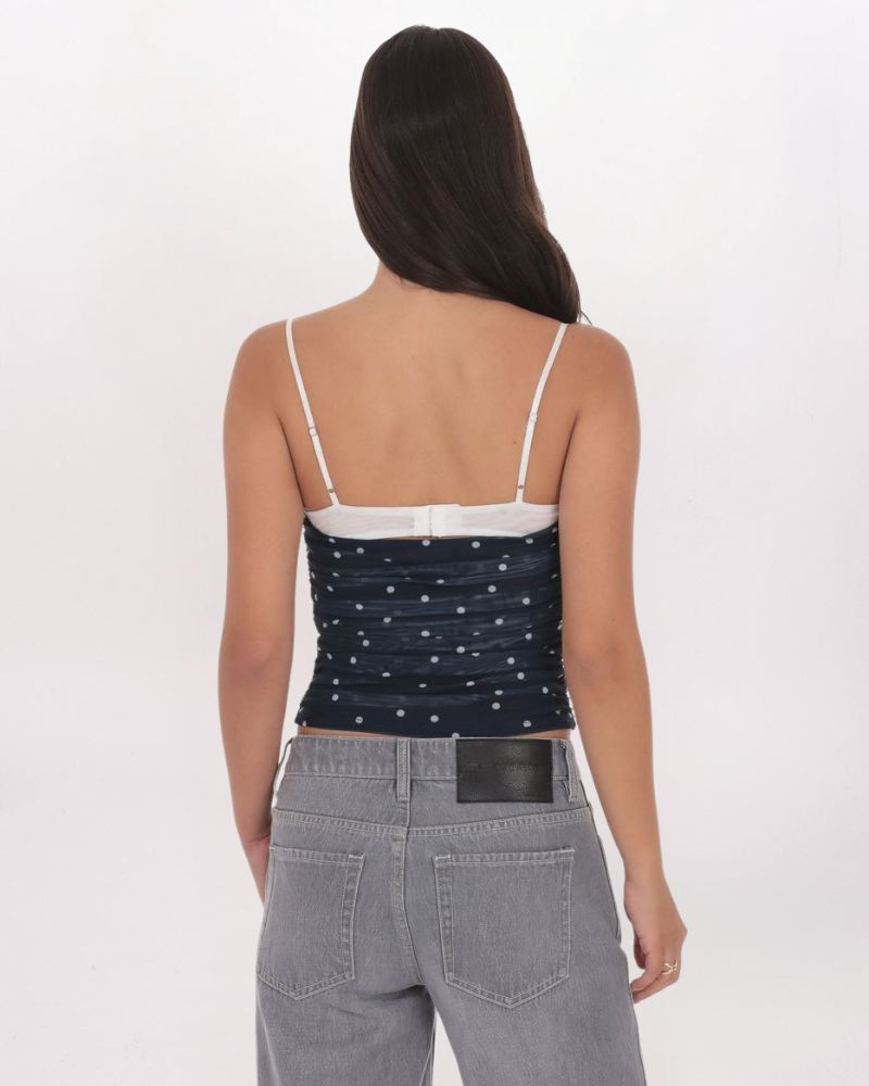 RUCHED POLKA DOT MESH TOP