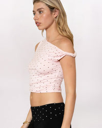 SL OFF SHLDR POLKA DOT TOP, BLUSH/BROWN