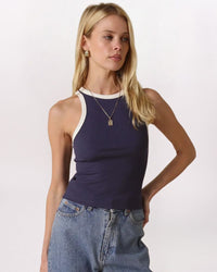 HI NECK CONTRAST TANK, NAVY/ECRU