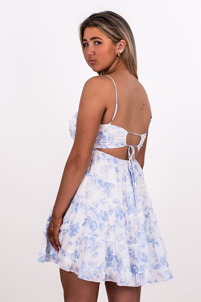 FLORAL TOILE KEYHOLE BACK DRESS, BLUE