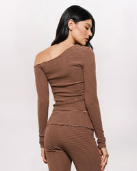 OFF SHOULDER STRIPE TOP, BRWN MULTI