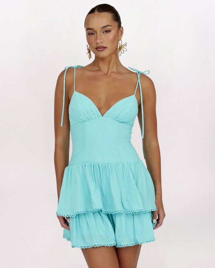 TIE SHOULDER TIERED DRESS, AQUA