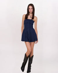 STRAPLESS PANELED DENIM DRESS, INDIGO