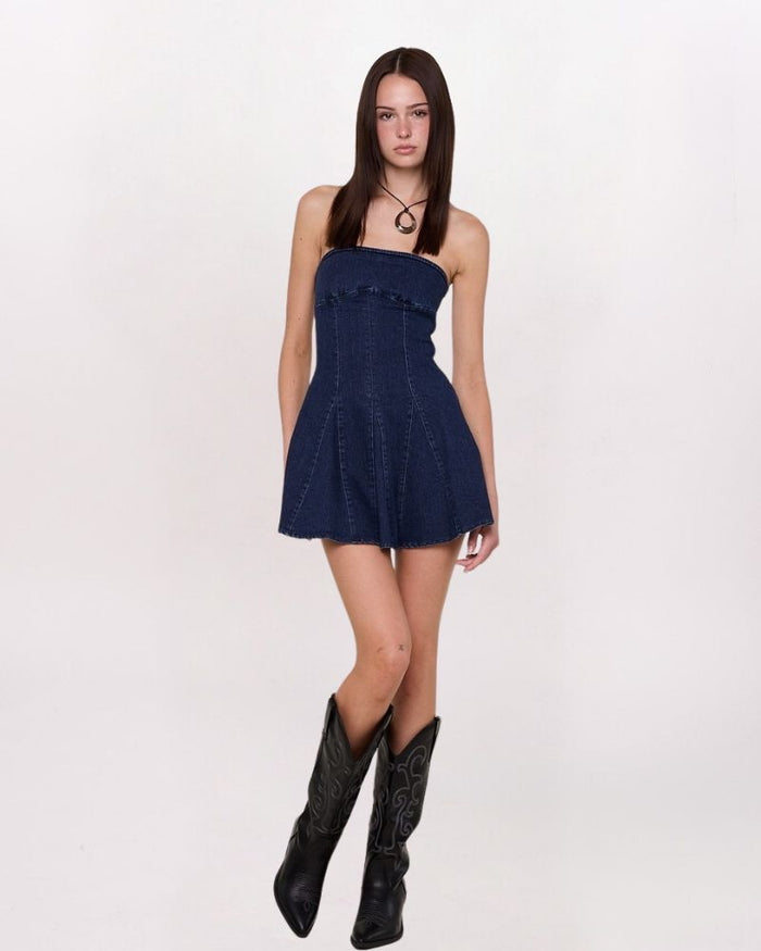 STRAPLESS PANELED DENIM DRESS, INDIGO