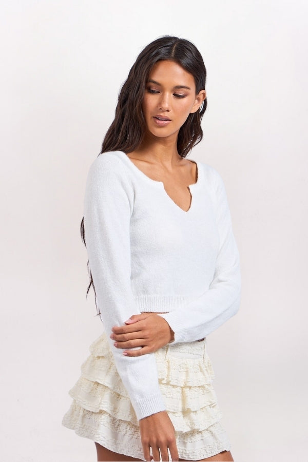 MARLED NOTCH NECK SWEATER - WHITE