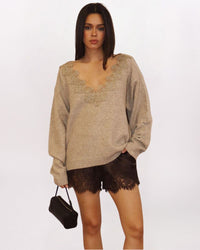 LS LACE TRIM VNECK SWTR, OATMEAL