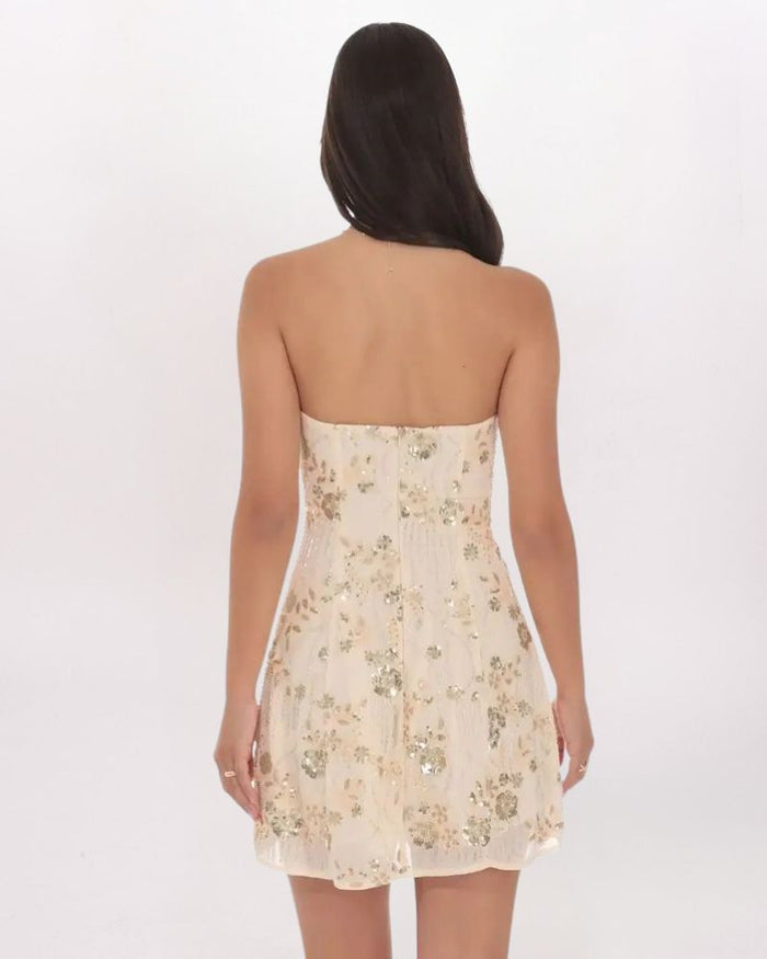 GOLD SEQUIN BEADED FLORAL FLARE DRESS