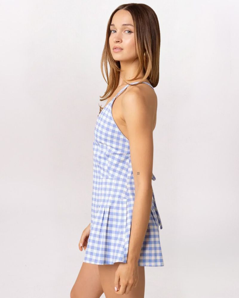 LACED BACK GINGHAM ROMPER, LT BLUE/WHT