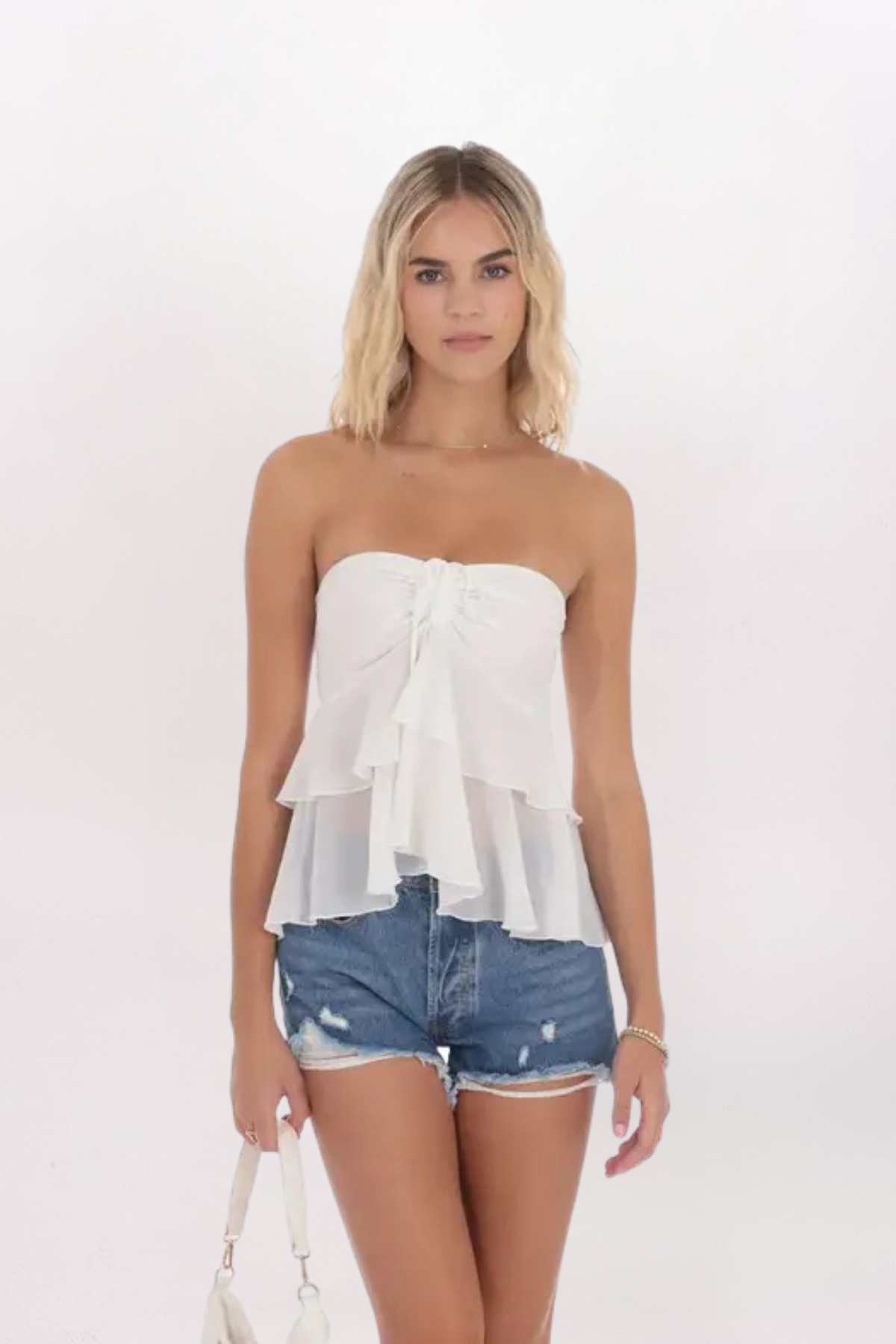 STRAPLESS CHIFFON RUFFLE TOP