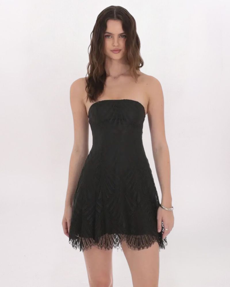 STRAPLESS LACE HEM DRESS,- BLACK