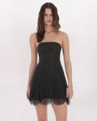 STRAPLESS LACE HEM DRESS,- BLACK