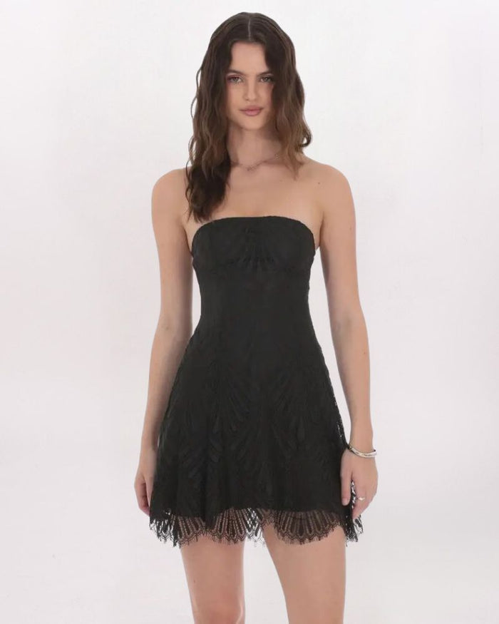STRAPLESS LACE HEM DRESS,- BLACK