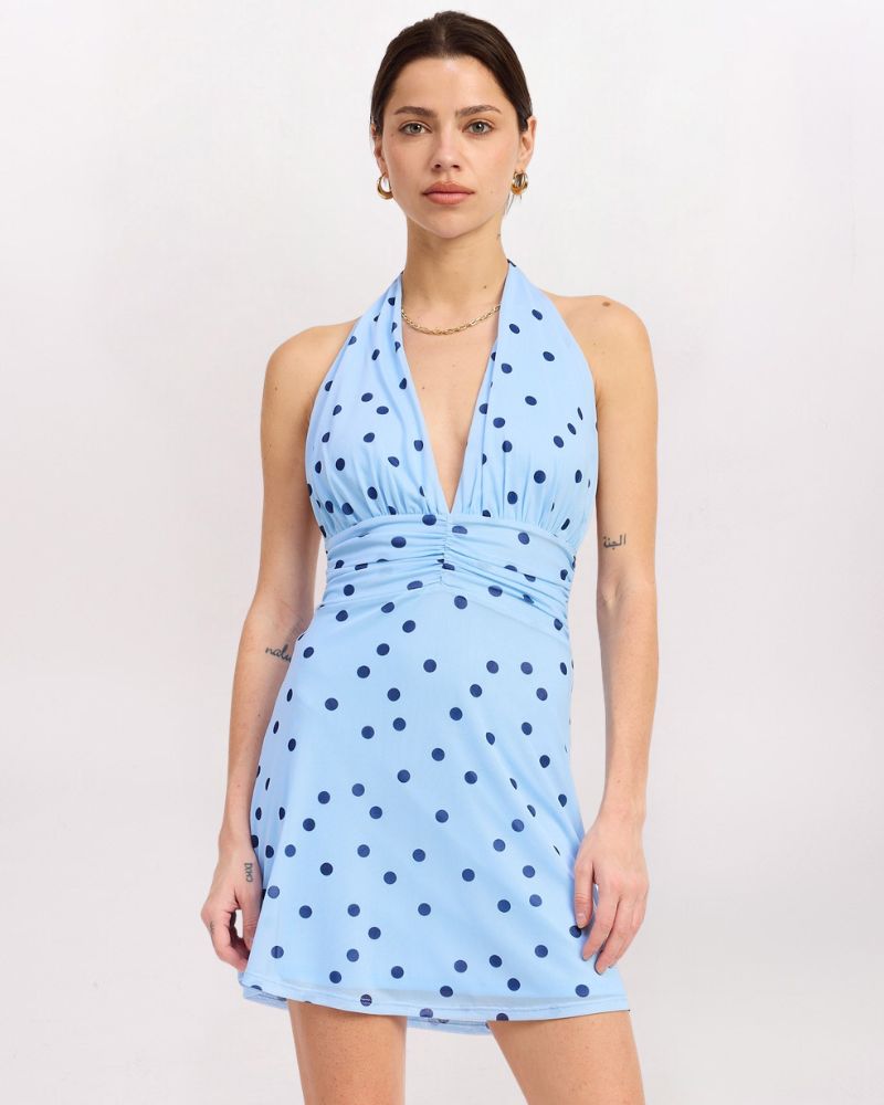 SL POLKA DOT HLTR DRESS, BLUE