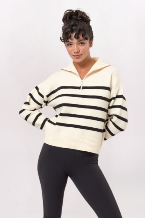 QUARTER ZIP SWEATER - CREAM/BLACK STRIPE