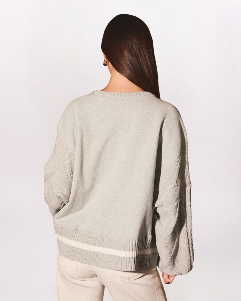 CABLE KNIT SLEEVE SWEATSHIRT, H GREY