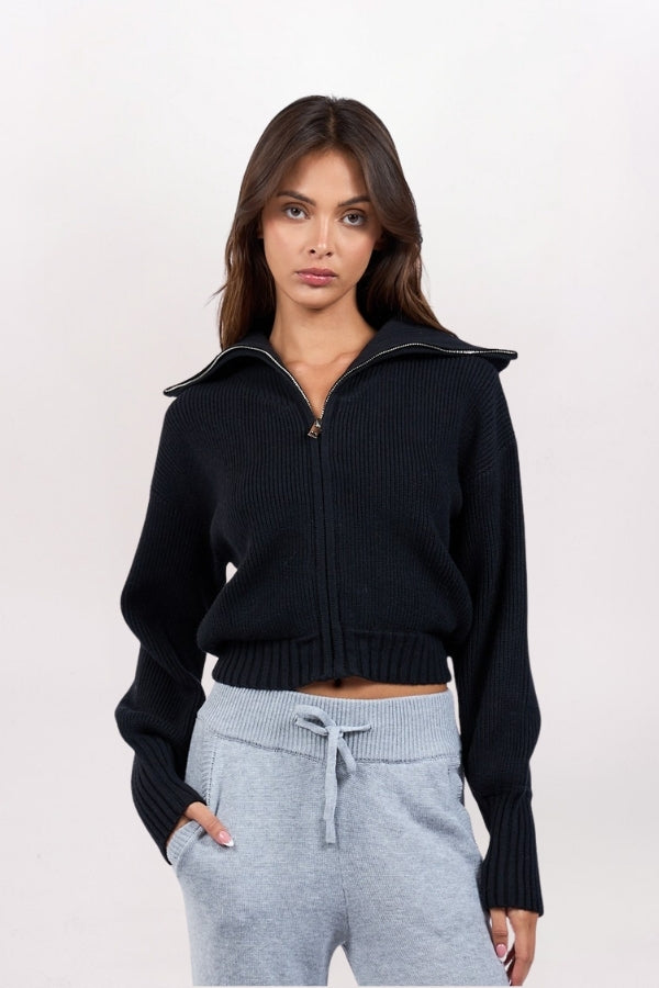 SHAWL COLLAR ZIP SWEATER - BLACK