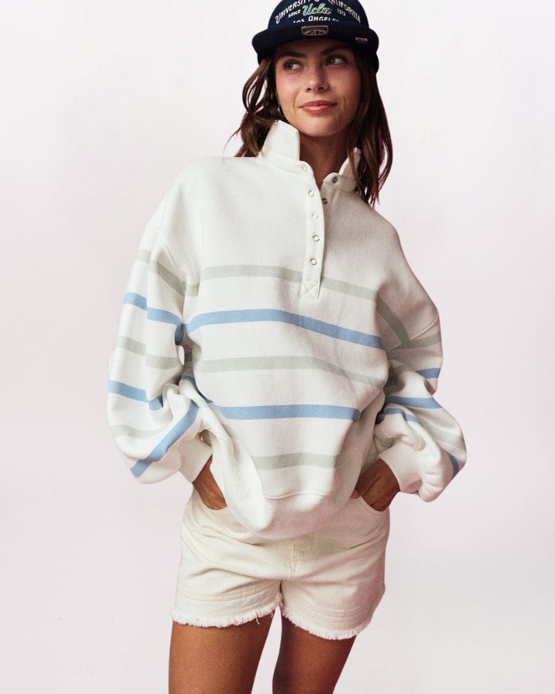 STRIPED QUARTER SNAP SWEATSHIRT, WHITE/BLUE