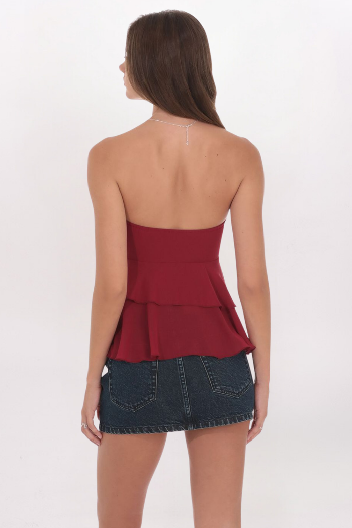 STRAPLESS CHIFFON RUFFLE TOP