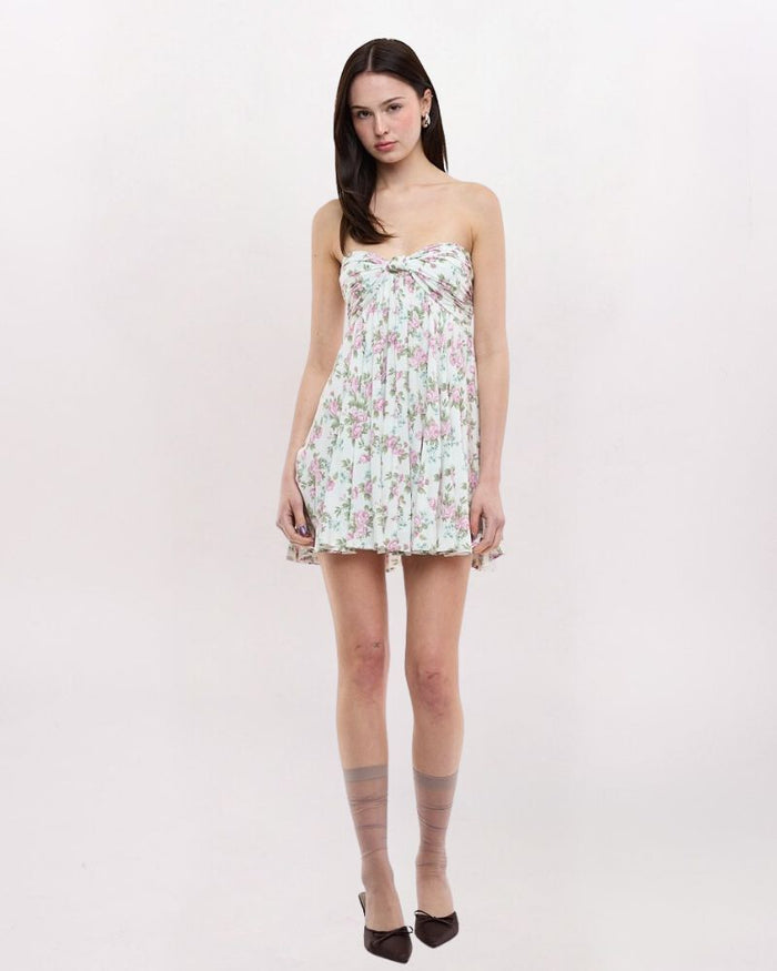 STRAPLESS KNOT DETAIL ROSES DRESS, PLUM FL