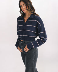 COZY STRIPE CROP COLLARED SWEATER