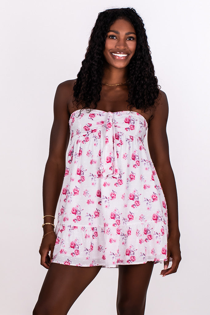 STRAPLESS FLORAL BOW DRESS